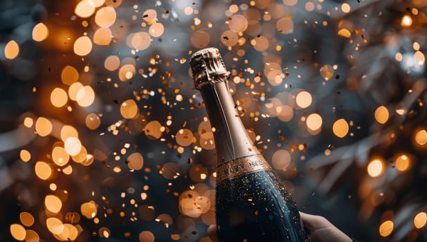 Celebration background with champagne bottle and golden bokeh.