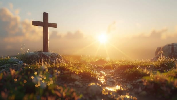 Cross on the background of the sun at sunset.