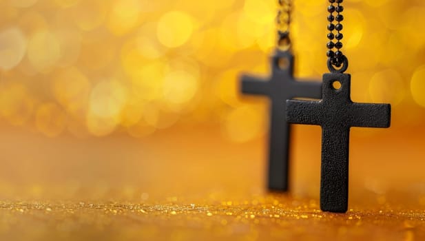 Black Christian cross on golden bokeh background with copy space.