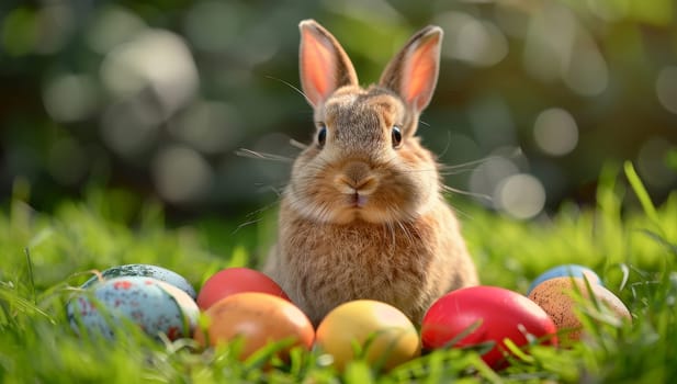 A cute brown bunny sits in a lush green field, surrounded by colorful Easter eggs.