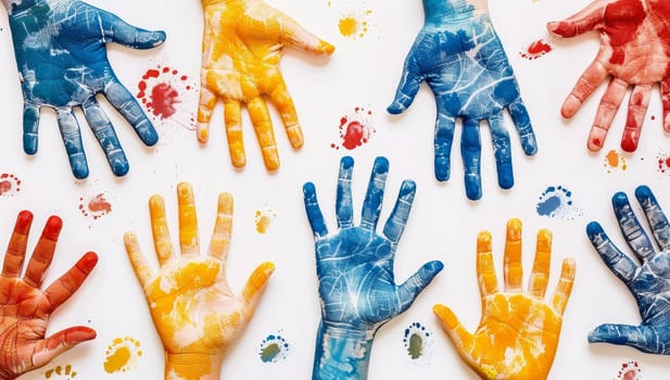 Top view of colorful hand prints on white background. Art concept.