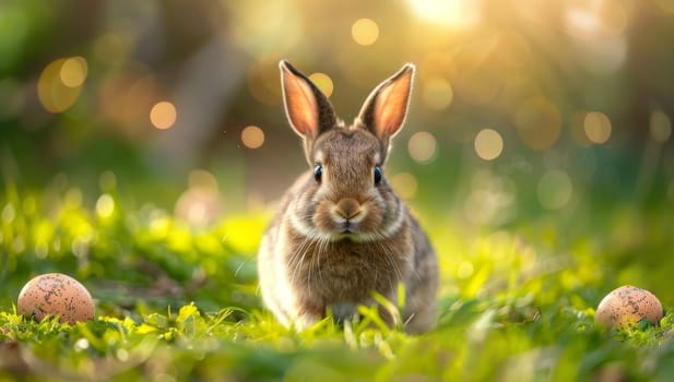 Cute rabbit with easter eggs on green grass in sunlight.