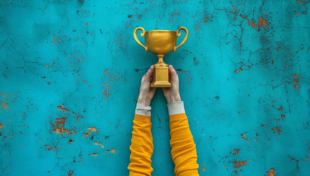 Hands holding a golden trophy cup on a blue background, top view
