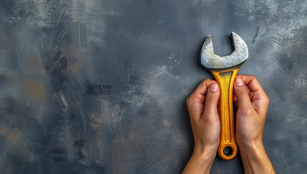 Wrench in the hands of a worker on a gray background.