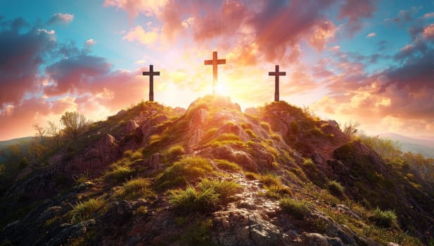 Crosses on the hill at sunset. Cross of Jesus Christ on the hill.