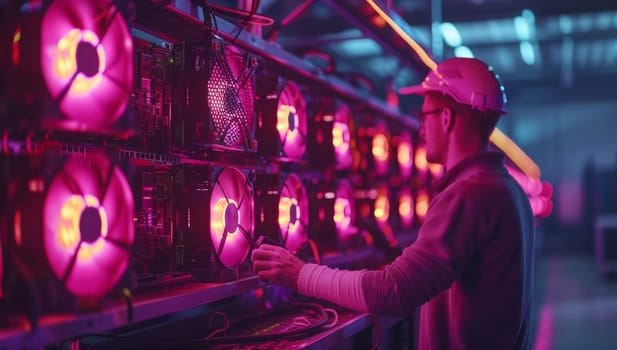 Engineer working on the computer in the server room at the factory.