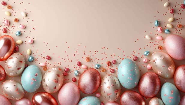 Easter background with pastel colored eggs and confetti. 3d rendering