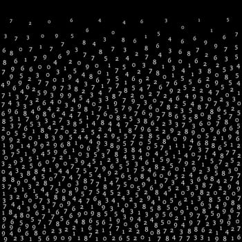 Falling numbers, big data concept. Binary white orderly flying digits. Magnificent futuristic banner on black background. Digital illustration with falling numbers.