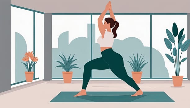 Woman, yoga practice near sofa, leggings and top attire. Bright room, large window, floor-standing flower