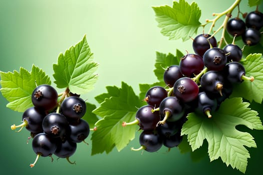 ripe black currant berries on a green background.