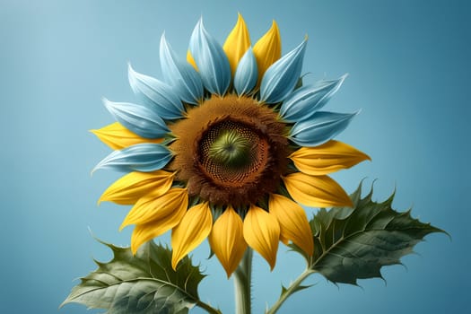 yellow blue flower isolated on a blue background.
