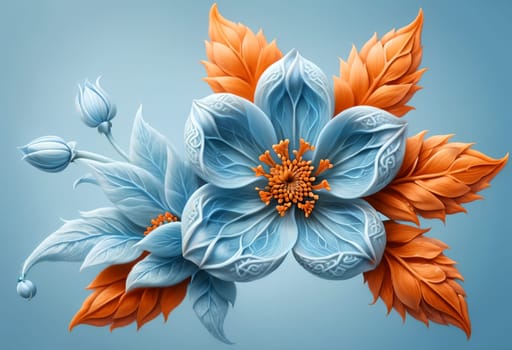 unusual orange flower with blue foliage, isolated on green background