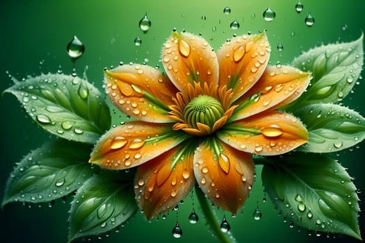 unusual orange flower with green foliage, isolated on green background