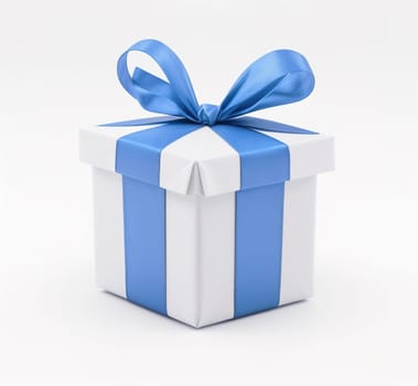 Present Gift Box with Blue Bow isolated on white background. Realistic Photo for Anniversary, Holiday or Illustration of Bonus.