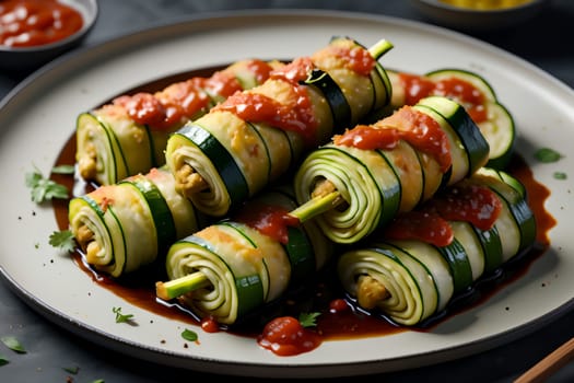 cooked zucchini rolls with filling . AI generated image.