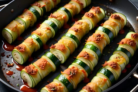 cooked zucchini rolls with filling . AI generated image.