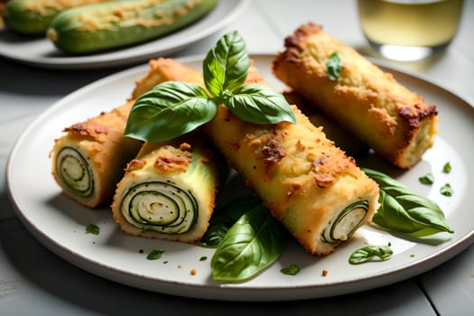 cooked zucchini rolls with filling . AI generated image.