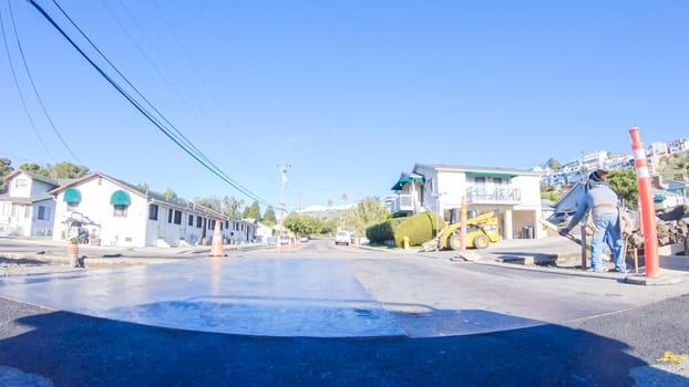 Santa Maria, California, USA-December 6, 2022-Car driving through the streets of Pismo Beach town, California during winter.