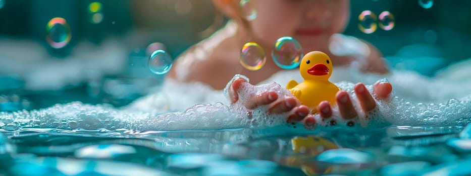 A child bathes in a bubble bath with a duck. Selective focus. Kid.