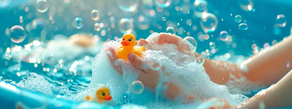 A child bathes in a bubble bath with a duck. Selective focus. Kid.