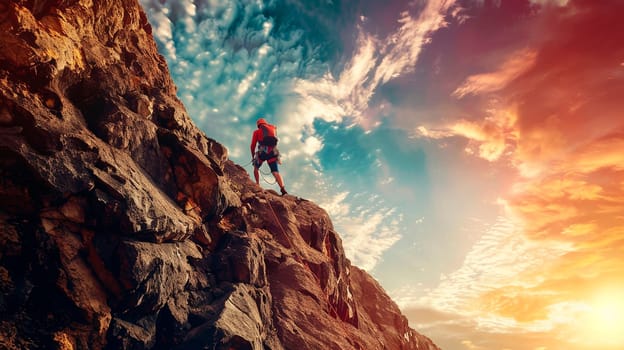 climber climbs the mountain. Selective focus. nature.