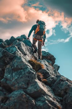 climber climbs the mountain. Selective focus. nature.