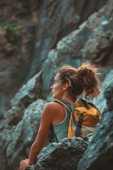 climber climbs the mountain. Selective focus. nature.