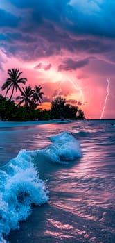 tropical beach view at cloudy stormy sunset with white sand, turquoise water and palm trees. Neural network generated image. Not based on any actual scene or pattern.