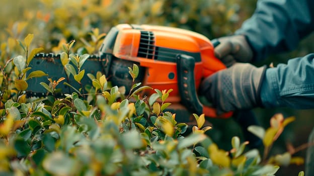 A gardener cuts bushes with an electric pruner. Selective focus. People.