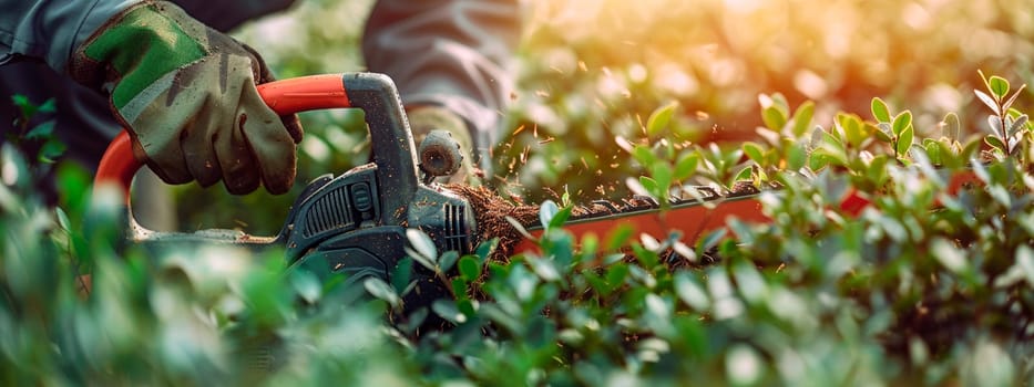 A gardener cuts bushes with an electric pruner. Selective focus. People.