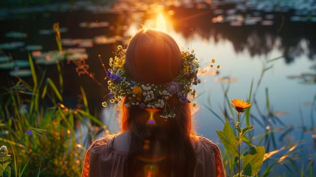 a young woman floats a wreath on Ivan Kupala. Selective focus. nature.