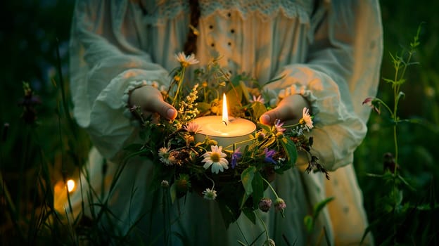 a young woman floats a wreath on Ivan Kupala. Selective focus. nature.