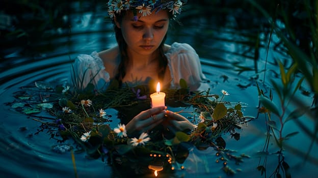 a young woman floats a wreath on Ivan Kupala. Selective focus. nature.