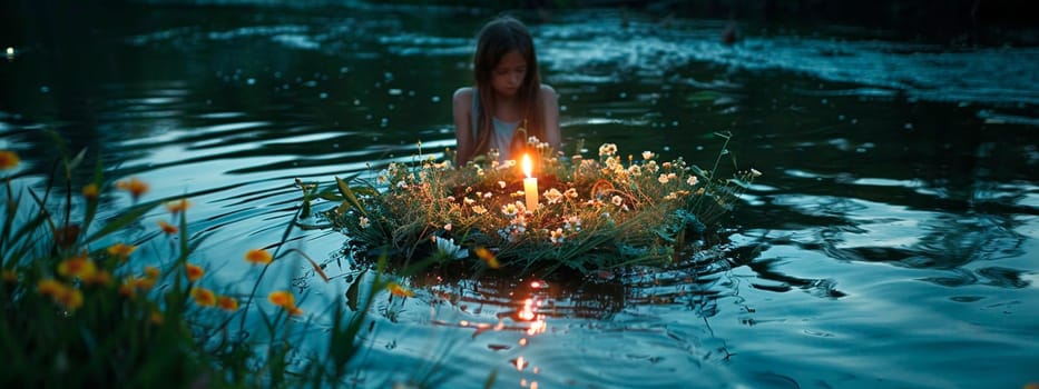 a young woman floats a wreath on Ivan Kupala. Selective focus. nature.