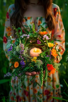 a young woman floats a wreath on Ivan Kupala. Selective focus. nature.