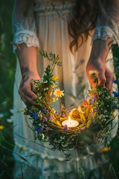 a young woman floats a wreath on Ivan Kupala. Selective focus. nature.