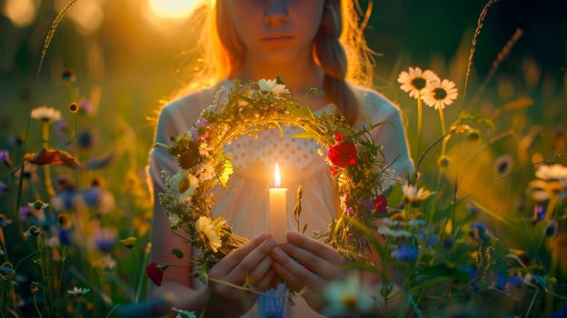 a young woman floats a wreath on Ivan Kupala. Selective focus. nature.