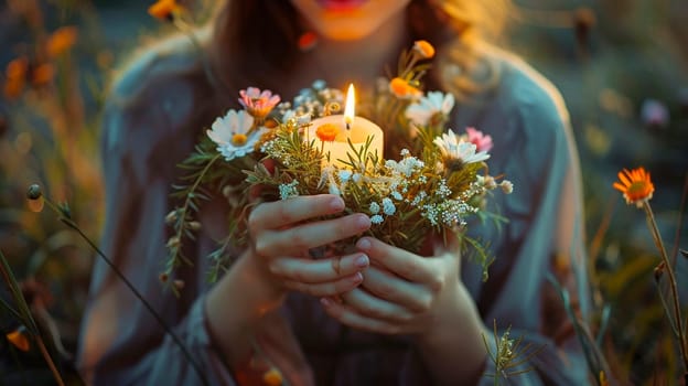 a young woman floats a wreath on Ivan Kupala. Selective focus. nature.