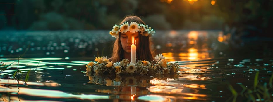 a young woman floats a wreath on Ivan Kupala. Selective focus. nature.