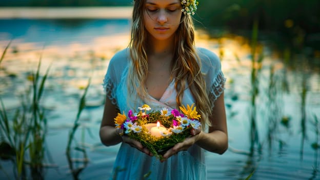 a young woman floats a wreath on Ivan Kupala. Selective focus. nature.