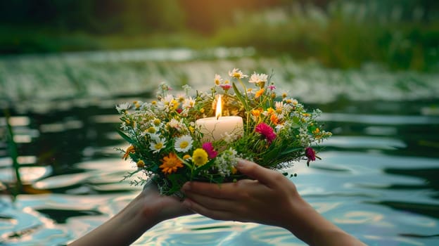 a young woman floats a wreath on Ivan Kupala. Selective focus. nature.