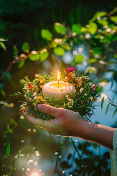 a young woman floats a wreath on Ivan Kupala. Selective focus. nature.