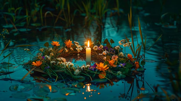 a young woman floats a wreath on Ivan Kupala. Selective focus. nature.