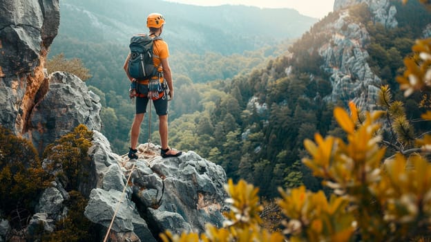 climber climbs the mountain. Selective focus. nature.