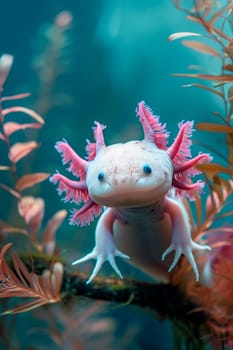 axolotl in aquarium water. Selective focus. animal.