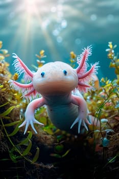 axolotl in aquarium water. Selective focus. animal.