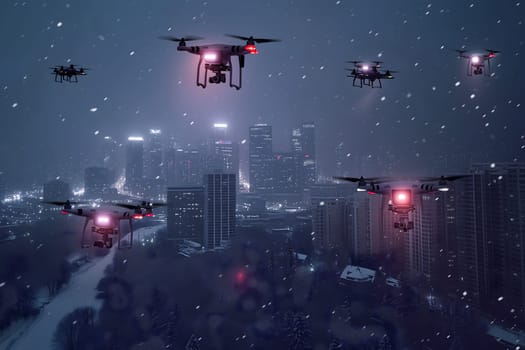 Group of drones over city at snowy winter night. Neural network generated image. Not based on any actual scene or pattern.