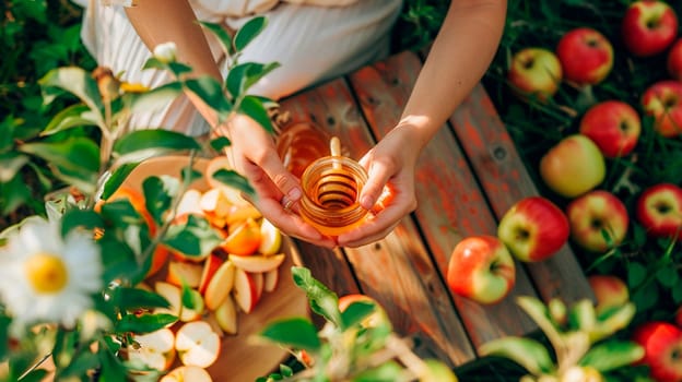 apples and honey in the garden, saved. Selective focus. food.