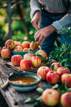 apples and honey in the garden, saved. Selective focus. food.