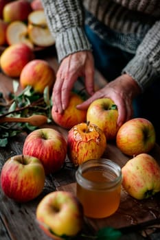 apples and honey in the garden, saved. Selective focus. food.